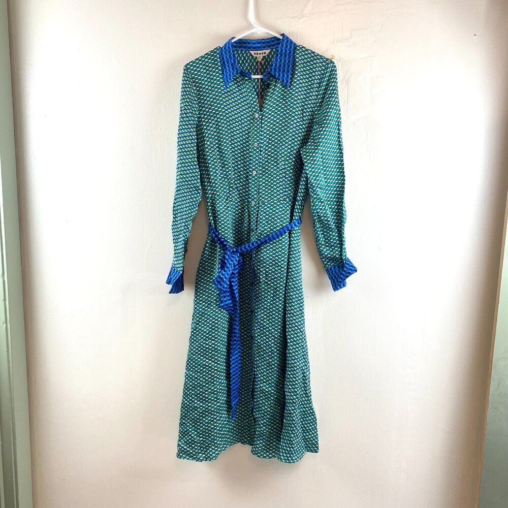 Boden NWT Kate Satin Green Geo Daze Long Sleeve Midi Shirt Dress Size 12 Office - Picture 2 of 16